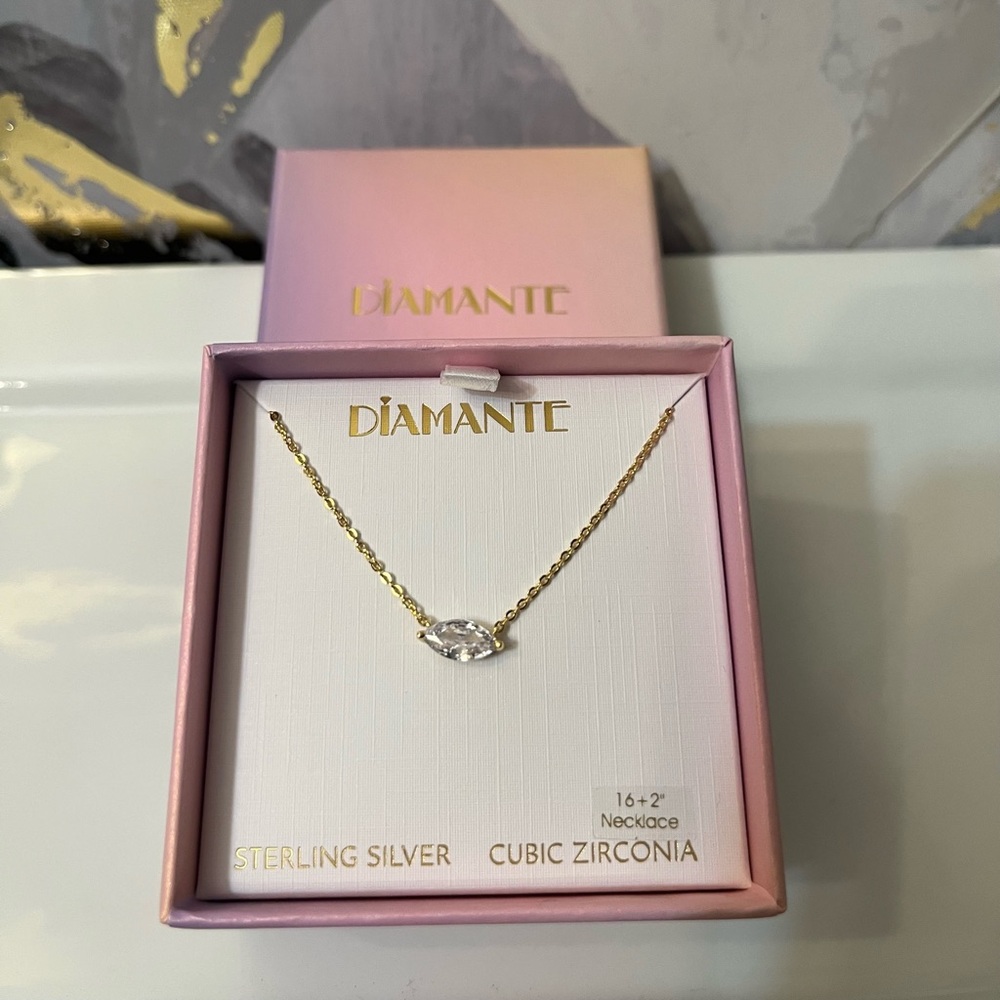 🛍️NIB Diamante Sterling Silver Necklace with Cubic Zirconia in Gold Tone